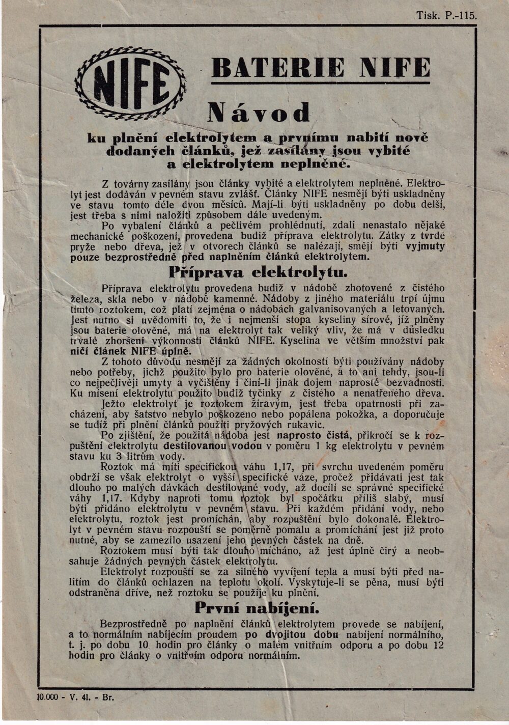 Leták Baterie NIFE Návod k plnění a nabíjení 1.po.20.st