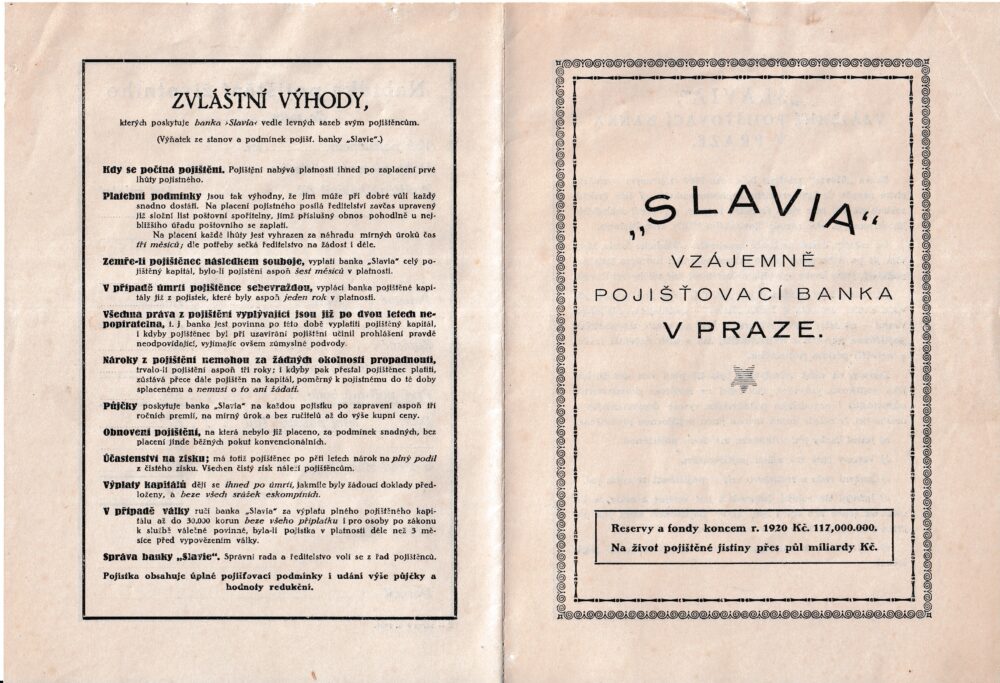 Leták SLAVIA Pojišťovací banka, Praha 1.pol.20.stol.
