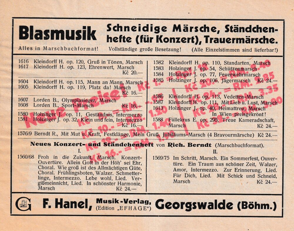 Leták Dechová hudba, hudební vydavatelství Hanel 20.stol.