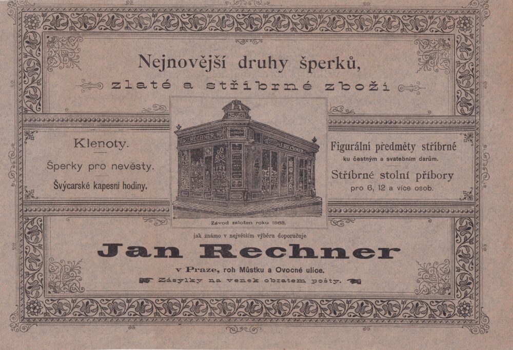 Leták Klenoty, zlaté a stříbrné zboží, Rechner 1.pol.20.stol.
