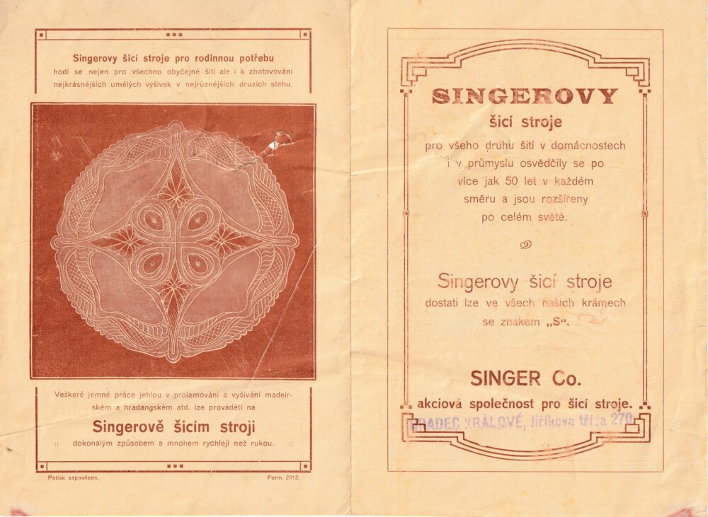Leták SINGER šicí stroje, Hradec Králové 1.pol.20.st.