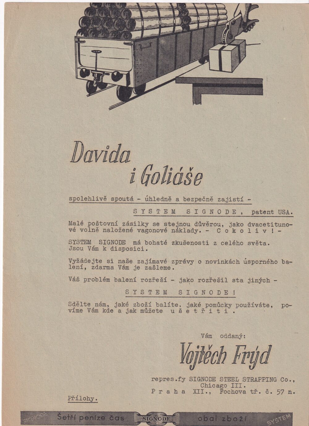 Leták SIGNODE SYSTEM, patent USA šetří peníze čas