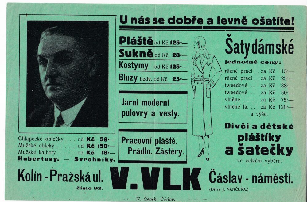 Leták dětské, dámské a pánské oděvy, V.Vlk Kolín