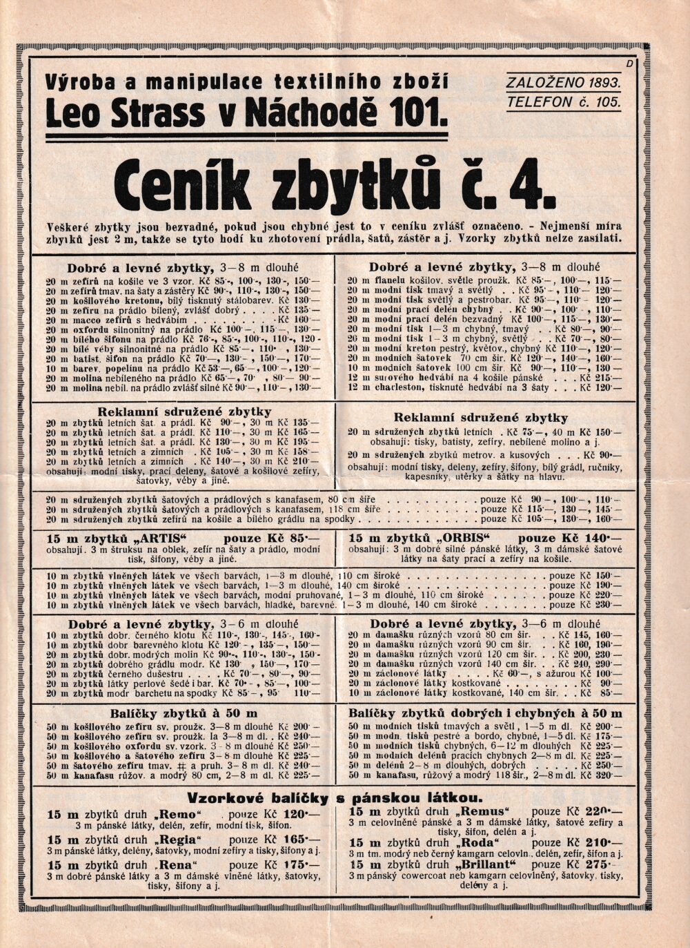 Leták ceník zbytků látek, Leo Strass Náchod 1.pol.20.st.