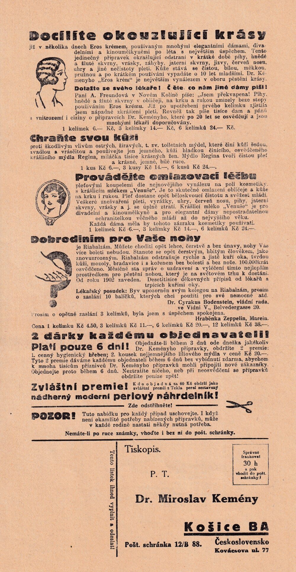 Reklamní leták na léčivé a kosmetické výrobky, Košice