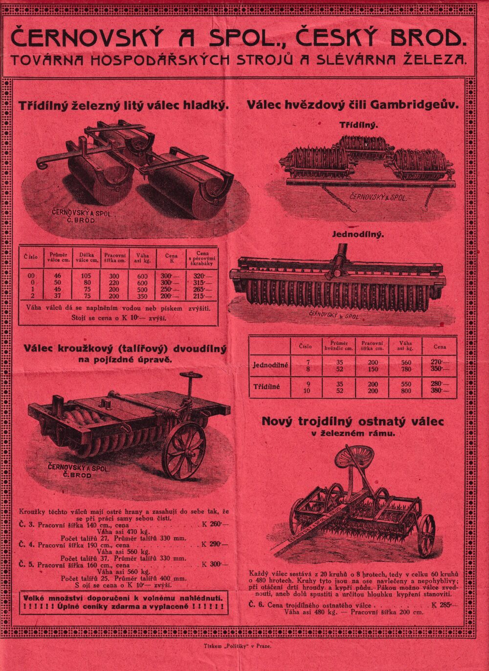 Leták Hospodářské stroje Černovský Český Brod, 1.pol.20.st.