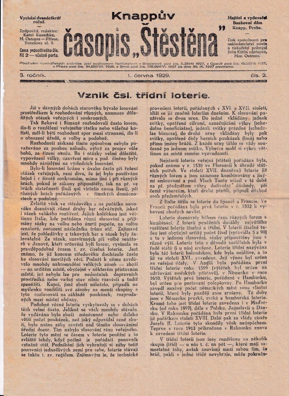 Leták Vznik čsl.třídní loterie, Bankovní dům Knapp r.1929