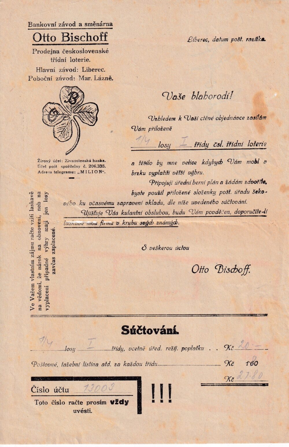 Leták Bankovní závod a směnárna, Otto Bischoff Liberec 1.pol.20.st.