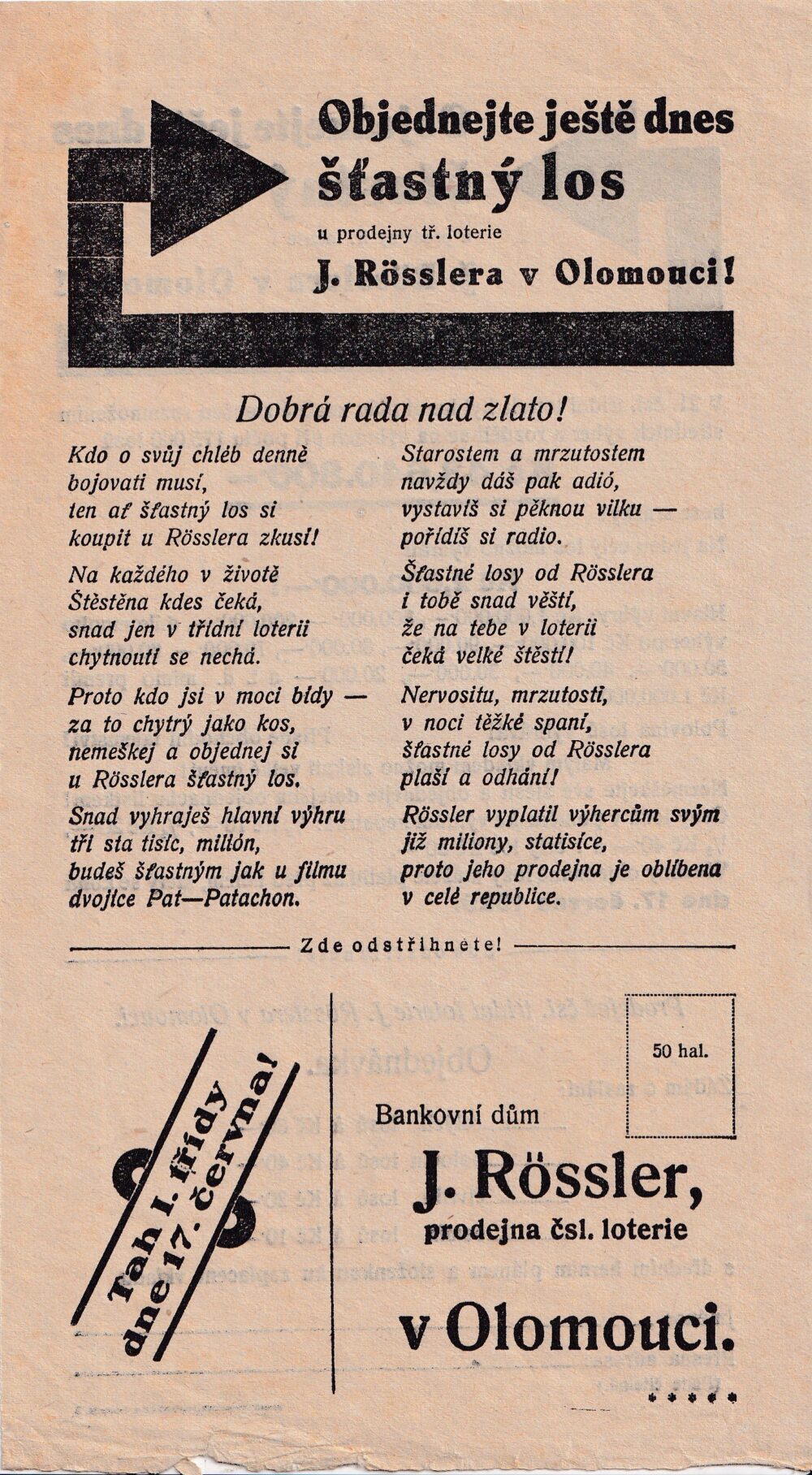 Bankovní dům prodejna čsl.třídní loterie J. Rössler Olomouc r.1929