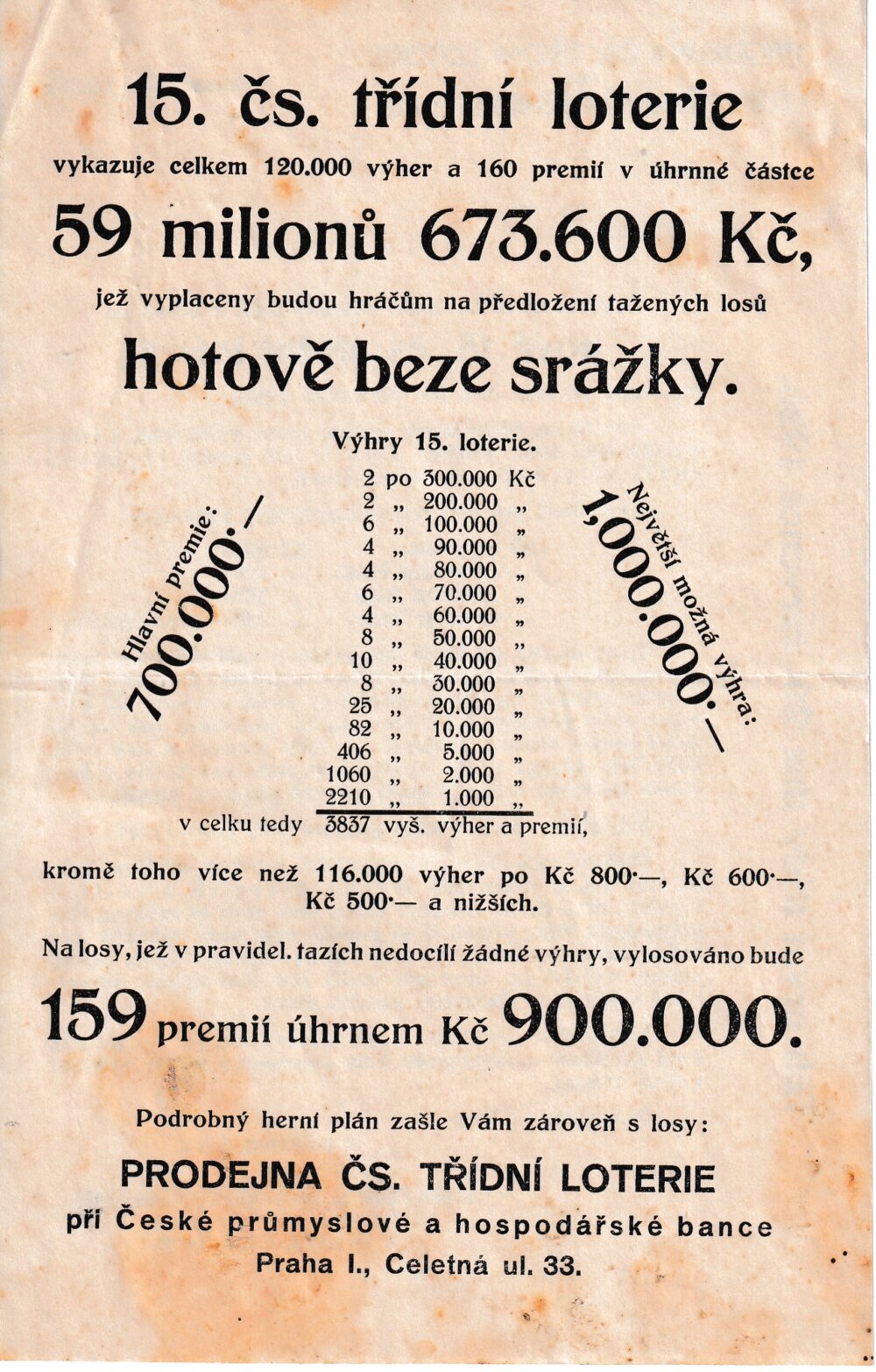 Čsl.třídní loterie Česká průmyslová a hospodářská banka 1926