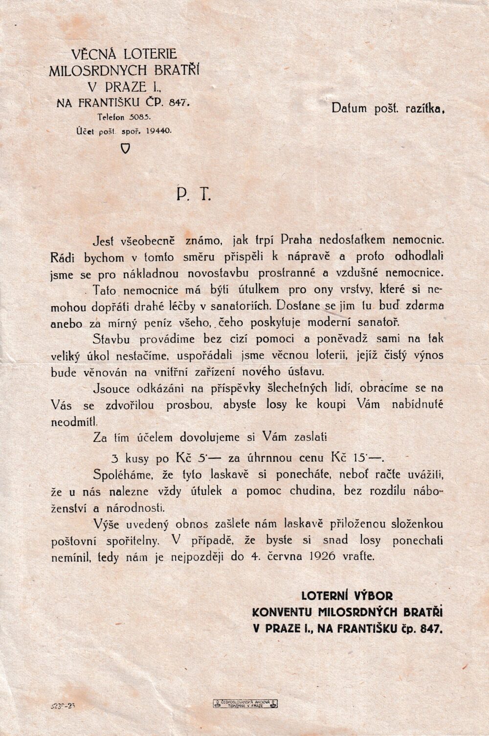Věcná loterie milosrdných bratří v Praze na Františku, r.1926
