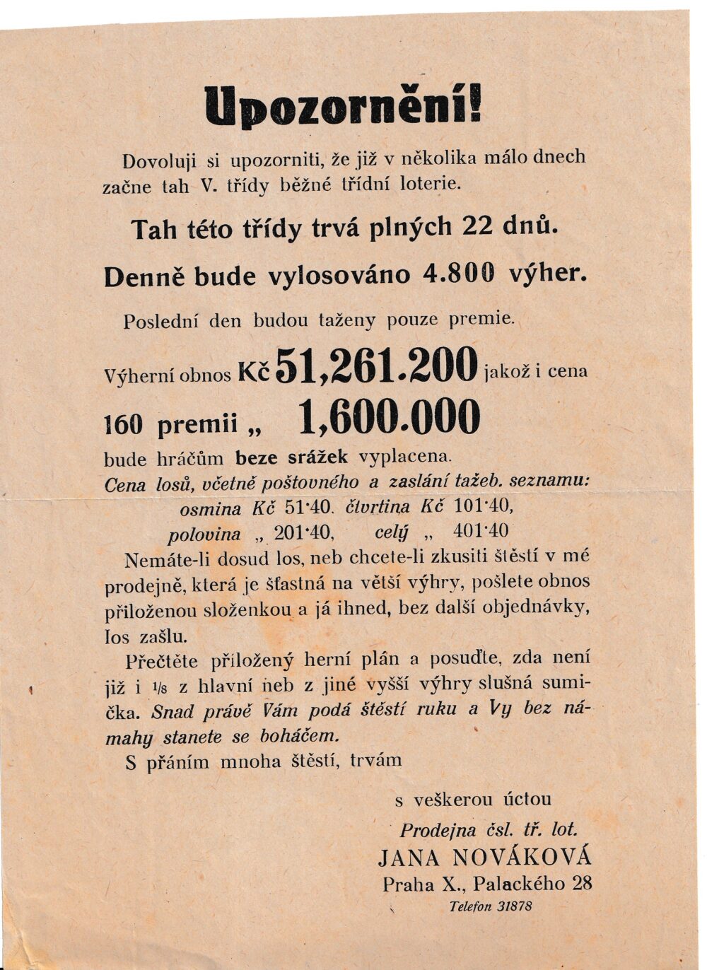Leták prodejna čsl.třídní loterie, losy J.Nováková Praha 1.pol.20.st.