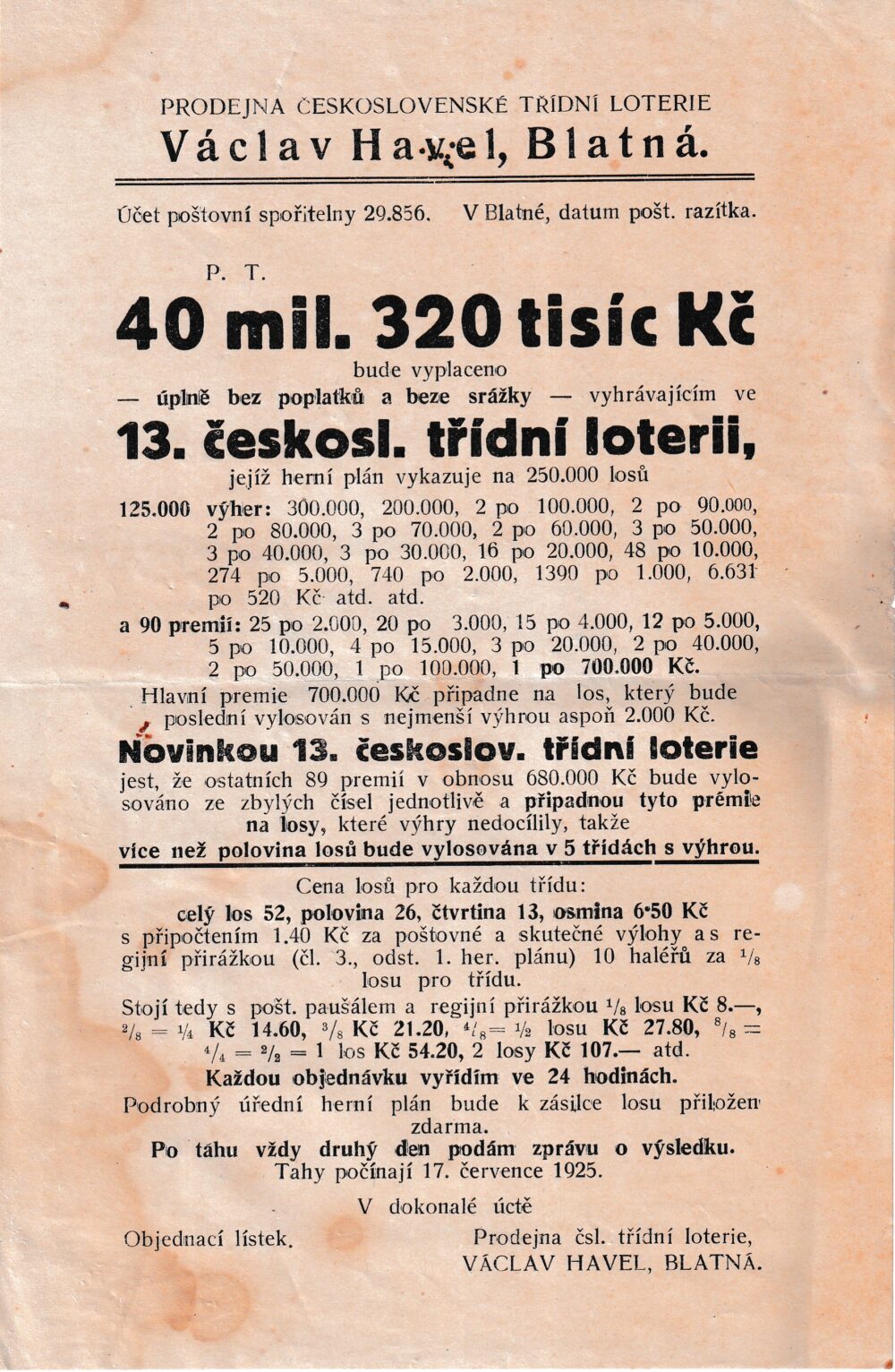 Leták prodejna čsl.třídní loterie Václav Havel, Blatná r.1925
