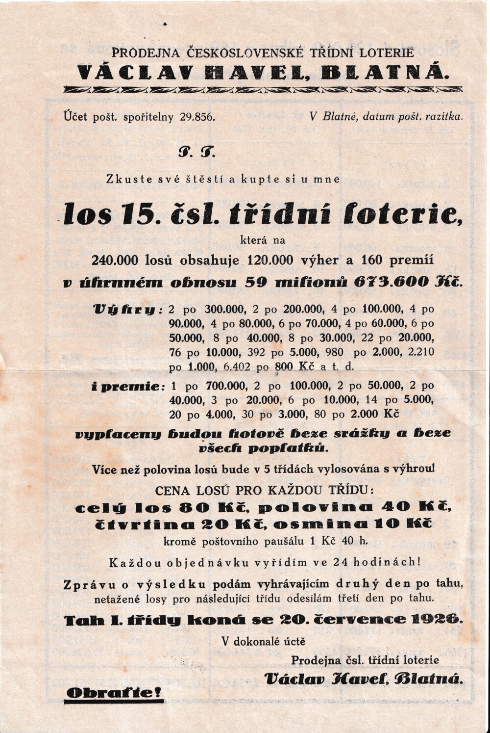 Leták prodejna čsl.třídní loterie Václav Havel, Blatná r.1926