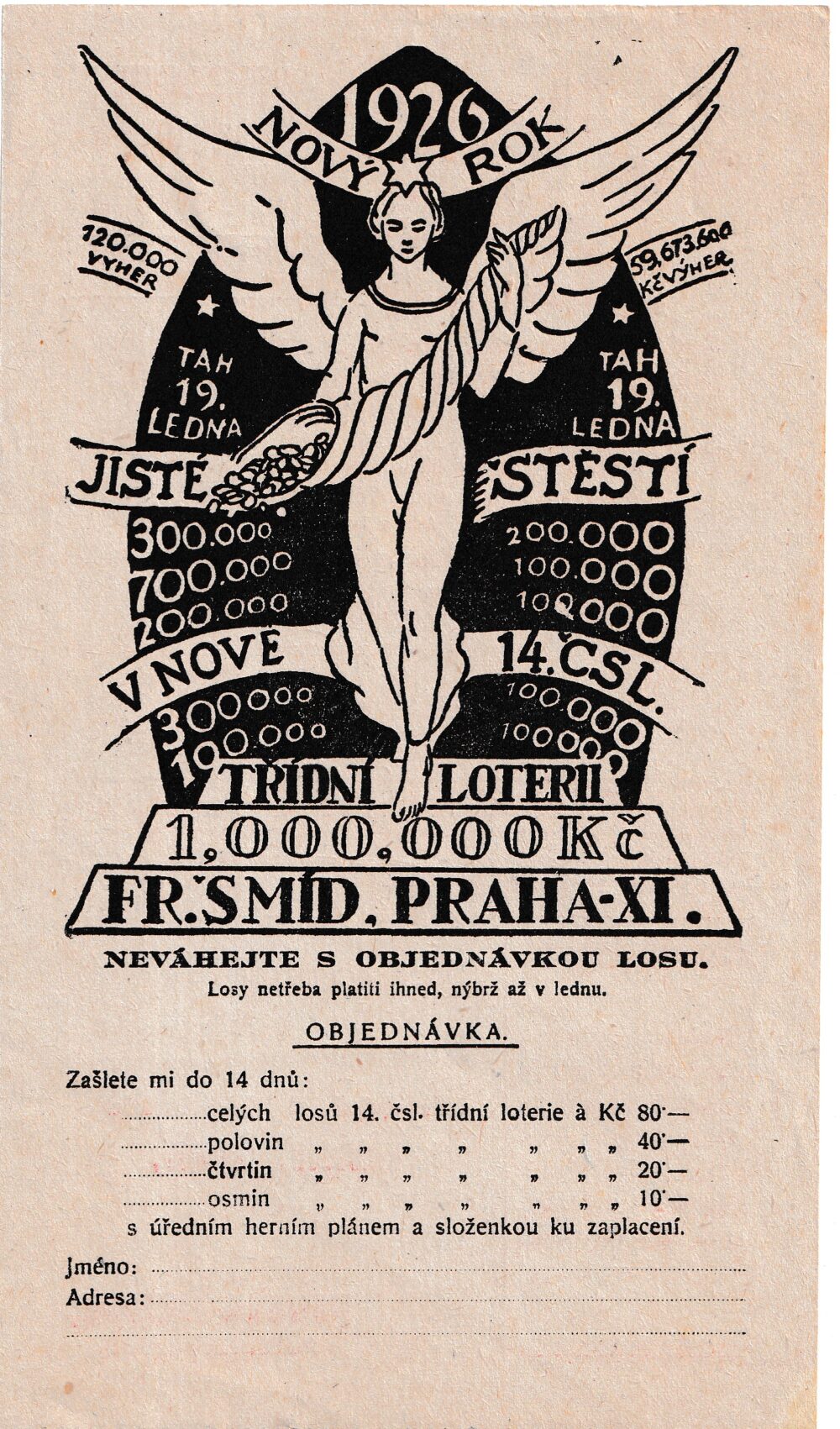 Leták prodejna čsl.třídní loterie F.Šmíd Žižkov, objednávka r.1925