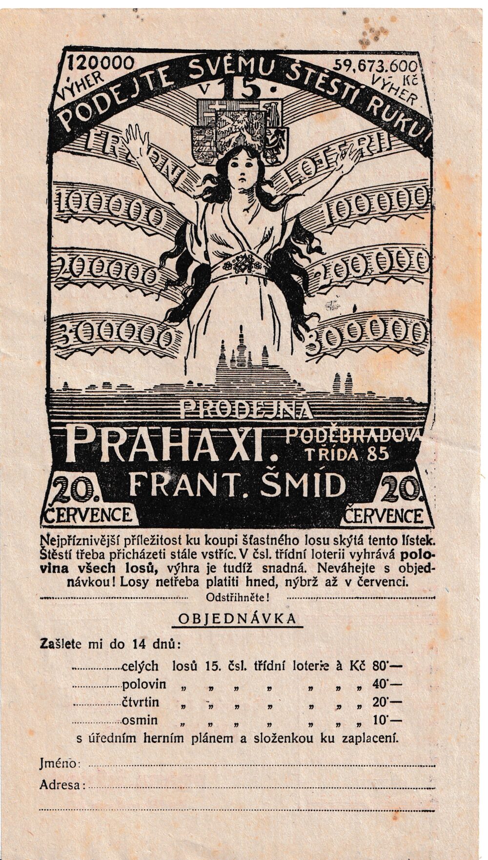 Leták prodejna čsl.třídní loterie F.Šmíd Žižkov, objednávka r.1926