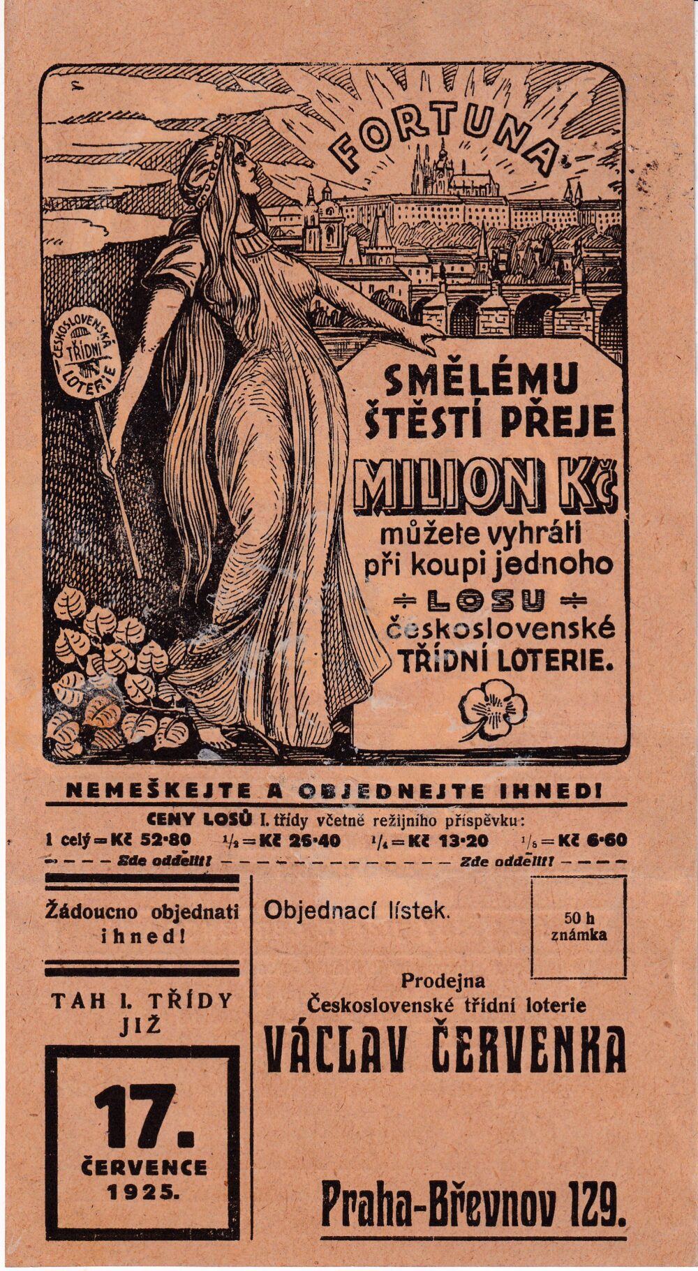 Prodejna čsl.třídní loterie V.Červenka, Fortuna objednávka r.1925