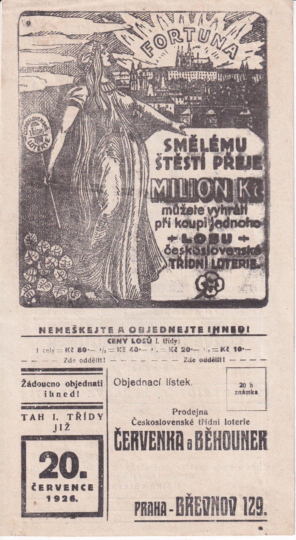 Prodejna čsl.třídní loterie Červenka a Běhounek objednávka 1926
