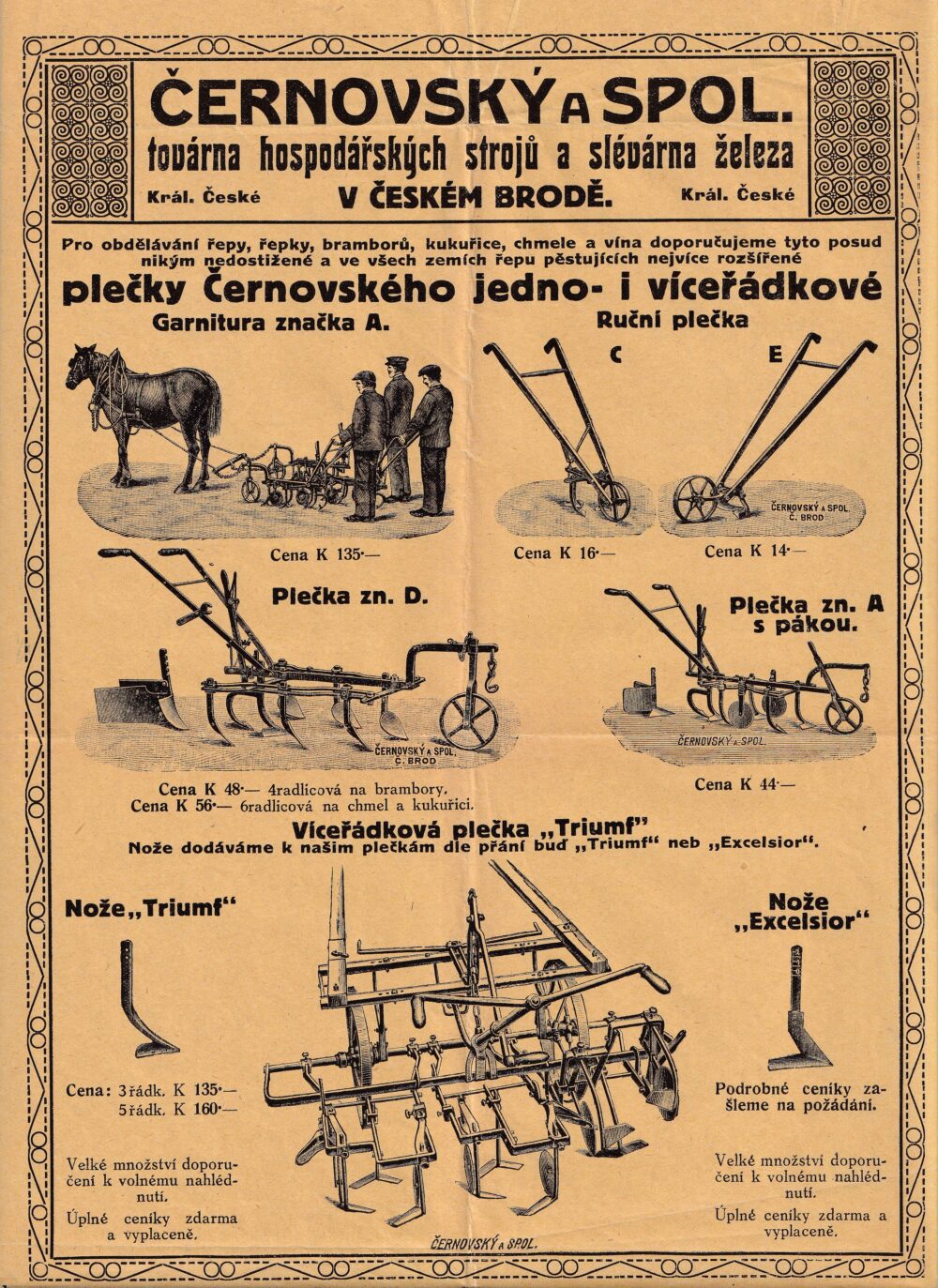 Leták Hospodářské stroje, Černovský Český Brod, 1.pol.20.st.