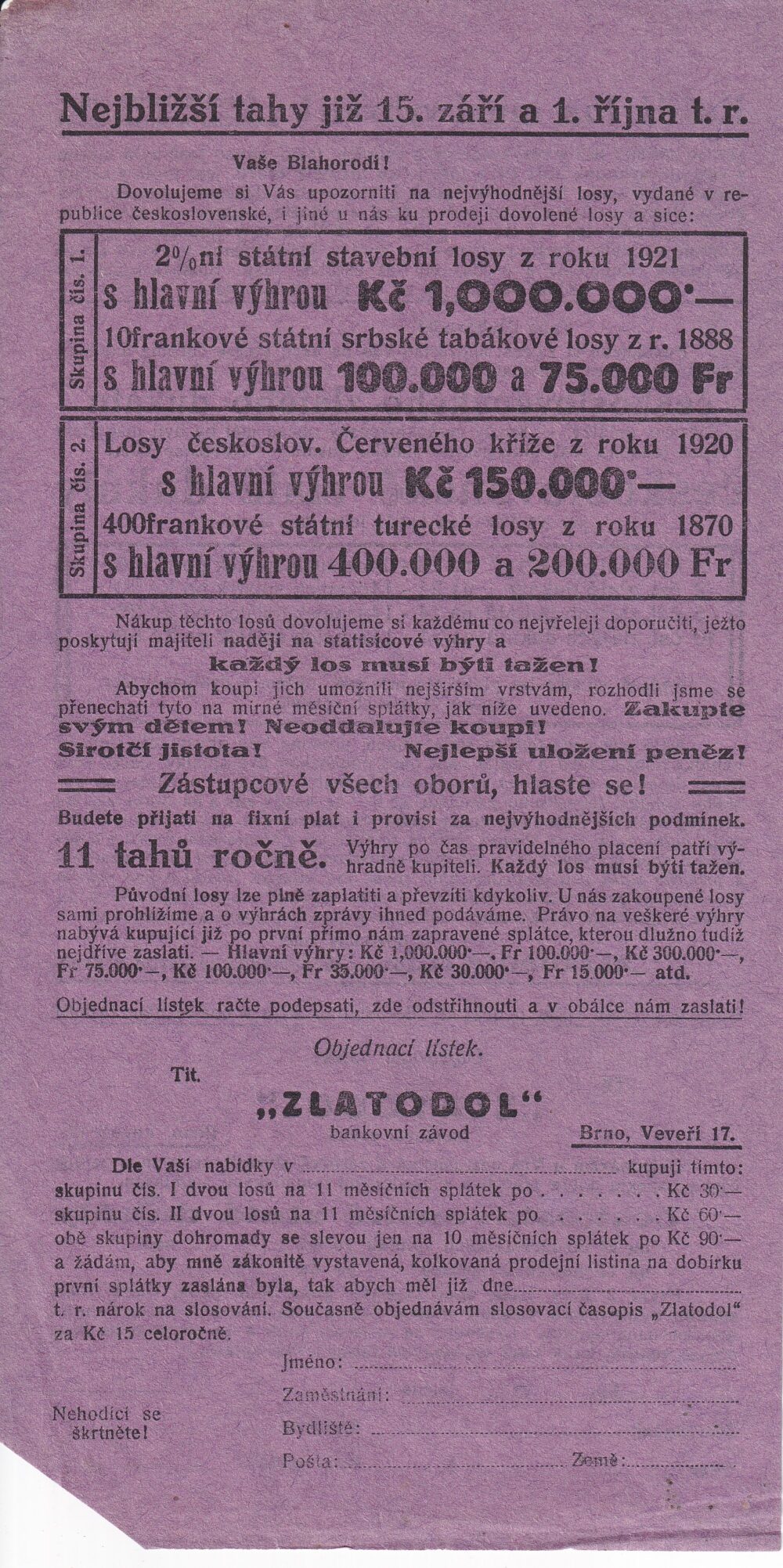 Leták Zlatodol - bankovní závod Brno objednací lístek 1.pol.20.st.