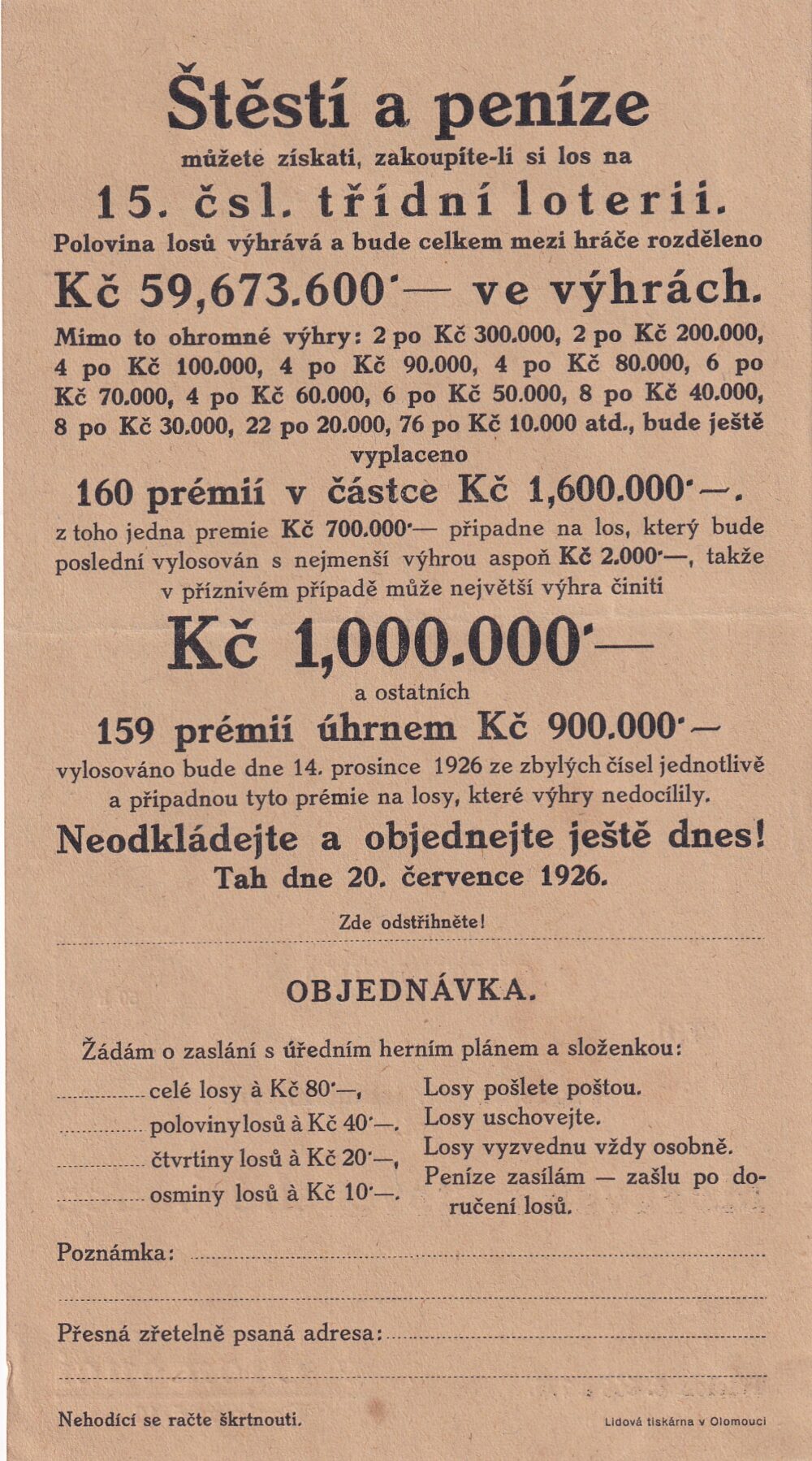 Čsl.třídní loterie Moravsko-slovenská banka Olomouc objednávka 1926