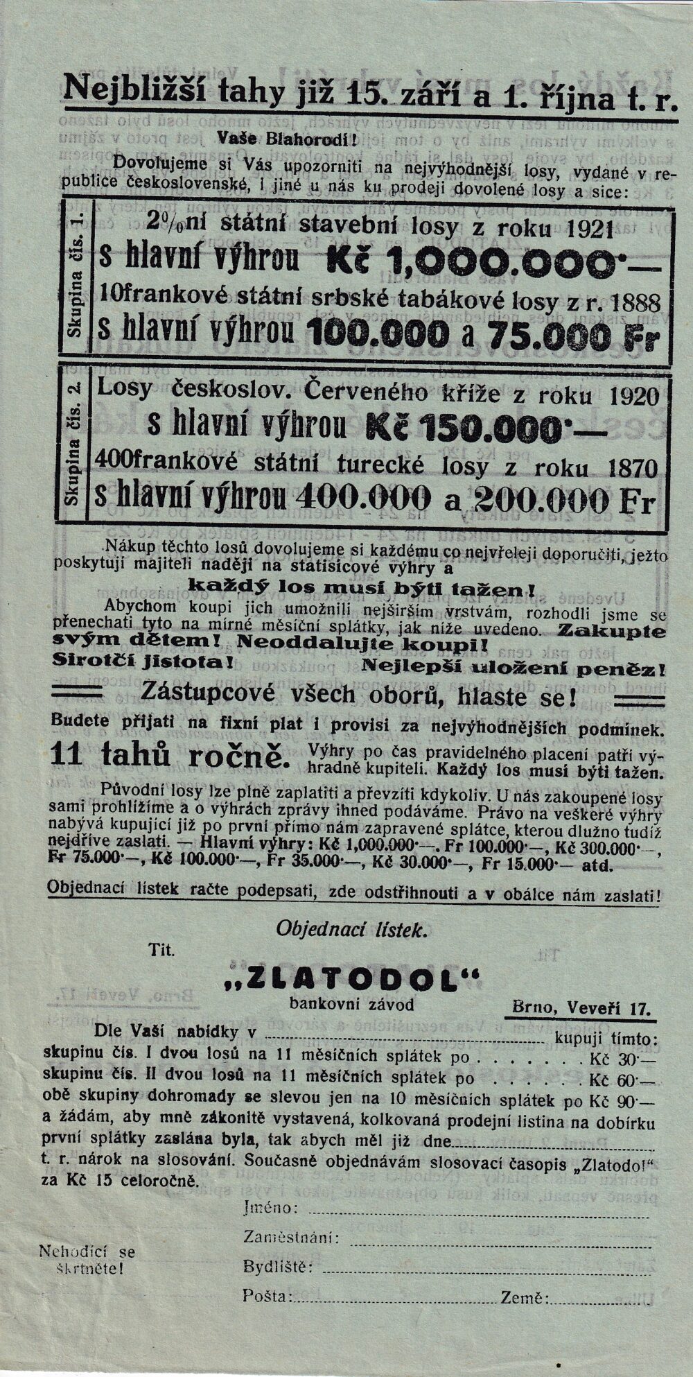 Leták Zlatodol - bankovní závod Brno objednací lístek 1.pol.20.st.