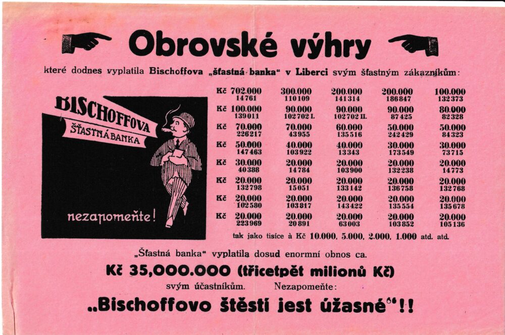 Leták Bischoffova šťastná banka v Liberci, 1.pol.20.stol.