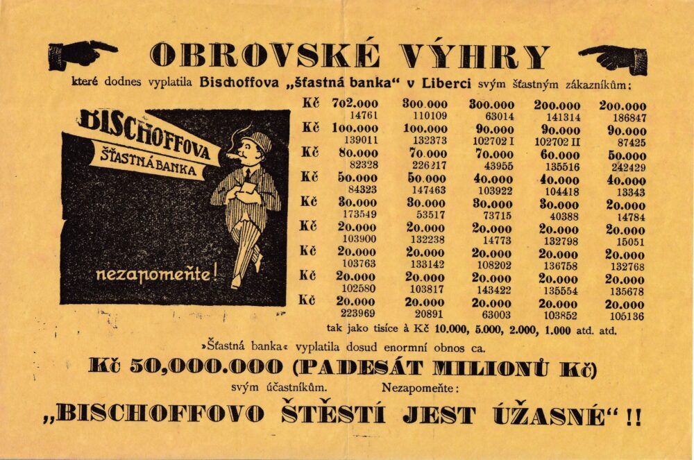 Leták Bischoffova šťastná banka v Liberci, 1.pol.20.stol.