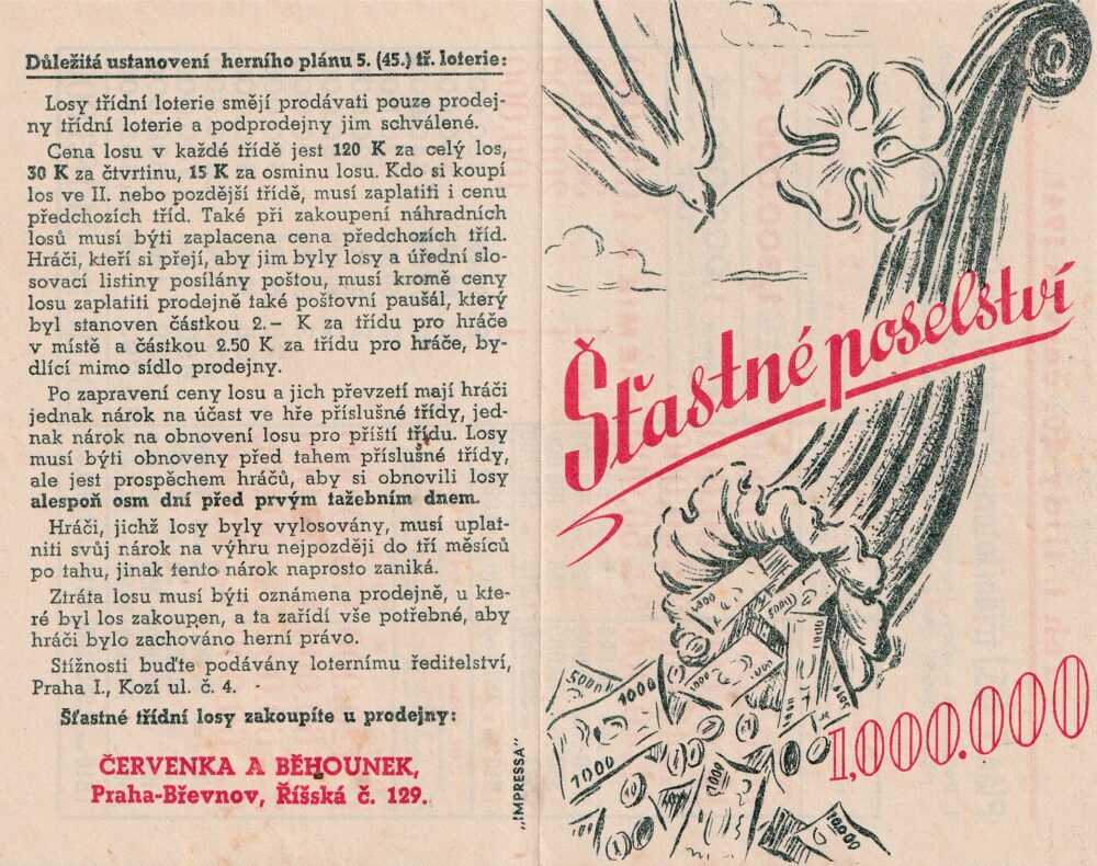 Leták Šťastné poselství, losy Červenka a Běhounek, r.1941