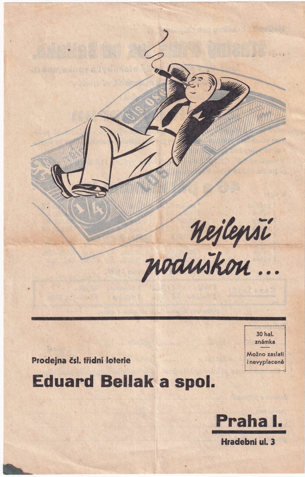 Leták Prodejna čsl.třídní loterie E.Bellak Praha r.1937
