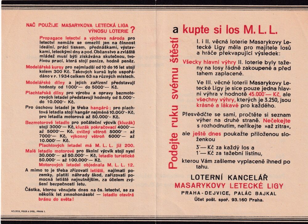 Leták Masarykovy letecké ligy-loterní kancelář, r.1935
