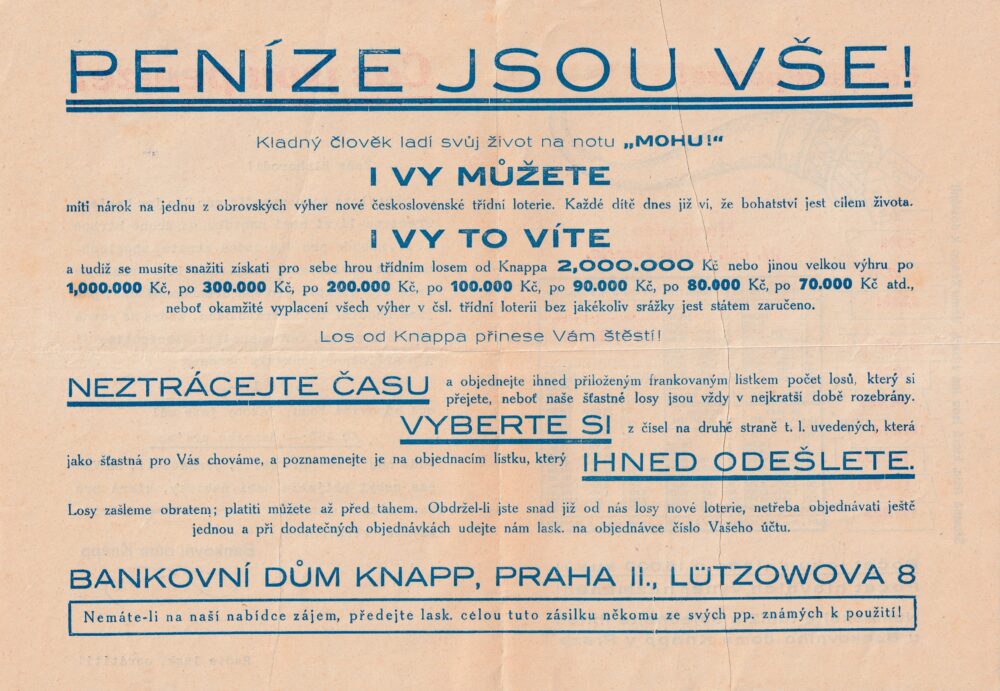 Leták Bankovní dům Knapp-čas jsou peníze, loterie r.1929