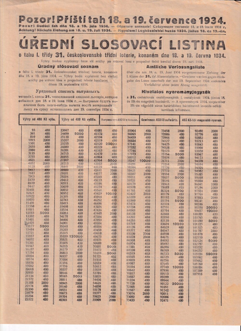 Úřední slosovací listina, ředitelství státních loterií Praha červen 1934