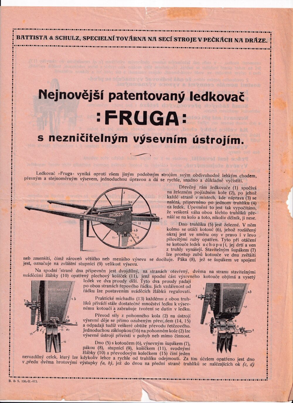 Leták Secí stroje, ledkovač Fruga, Schulz Pečky 1.pol.20.st.