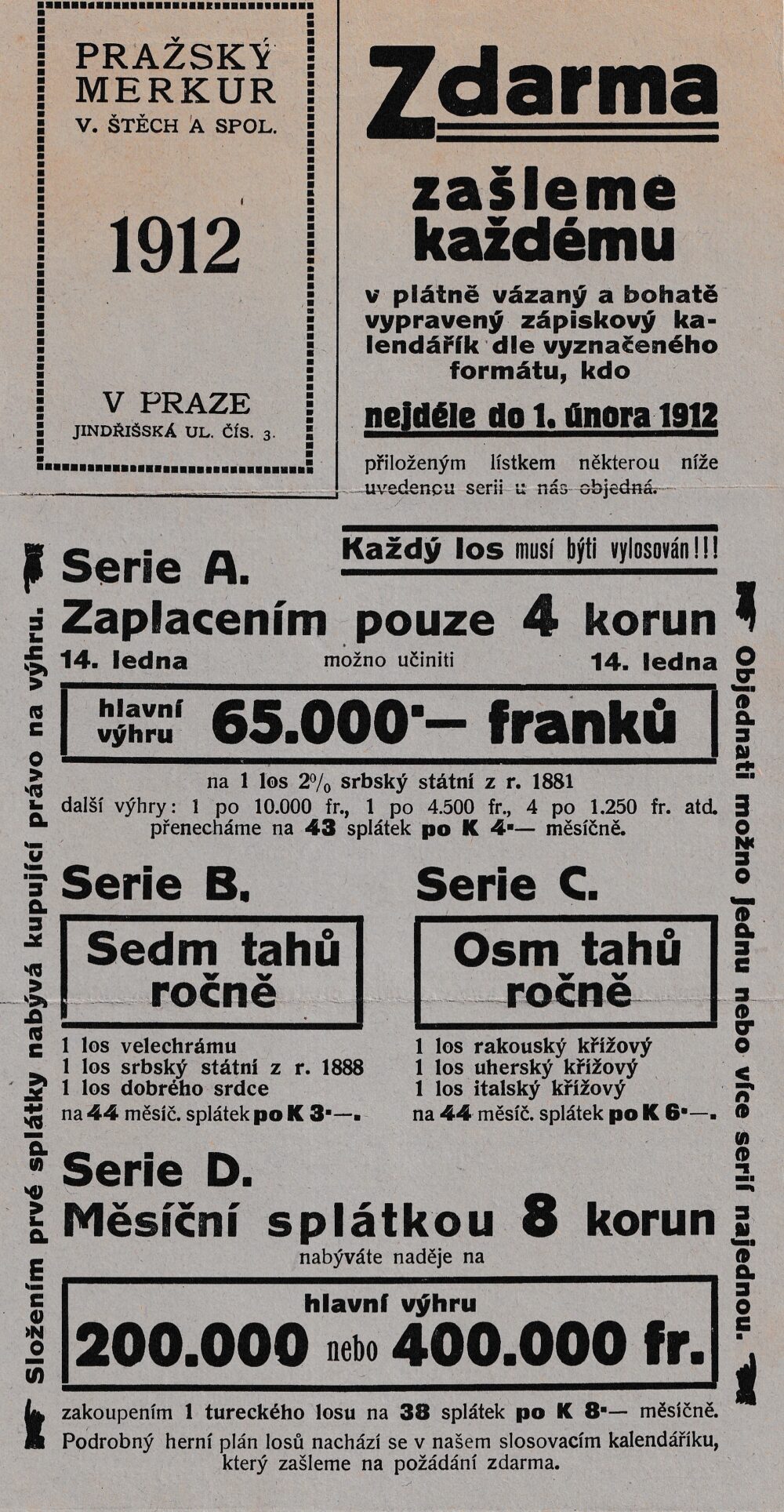 Reklama na předplatné Bankovní závod Pražský Merkur Štěch 1912