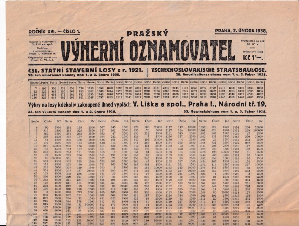 Čsl.třídní loterie Výherní oznamovatel Praha únor 1938