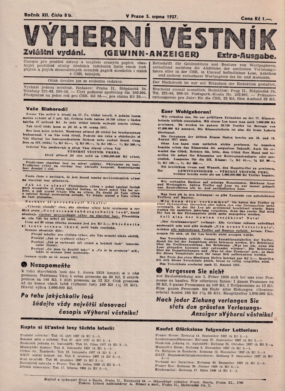 Listina - Výherní věstník Stavolosy srpen 1937