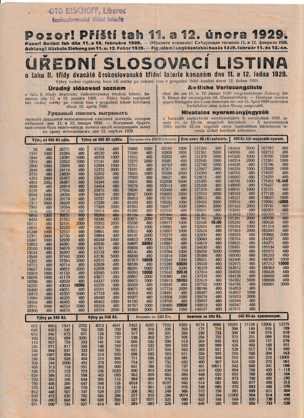 Úřední slosovací listina, ředitelství státních loterií Praha leden 1929
