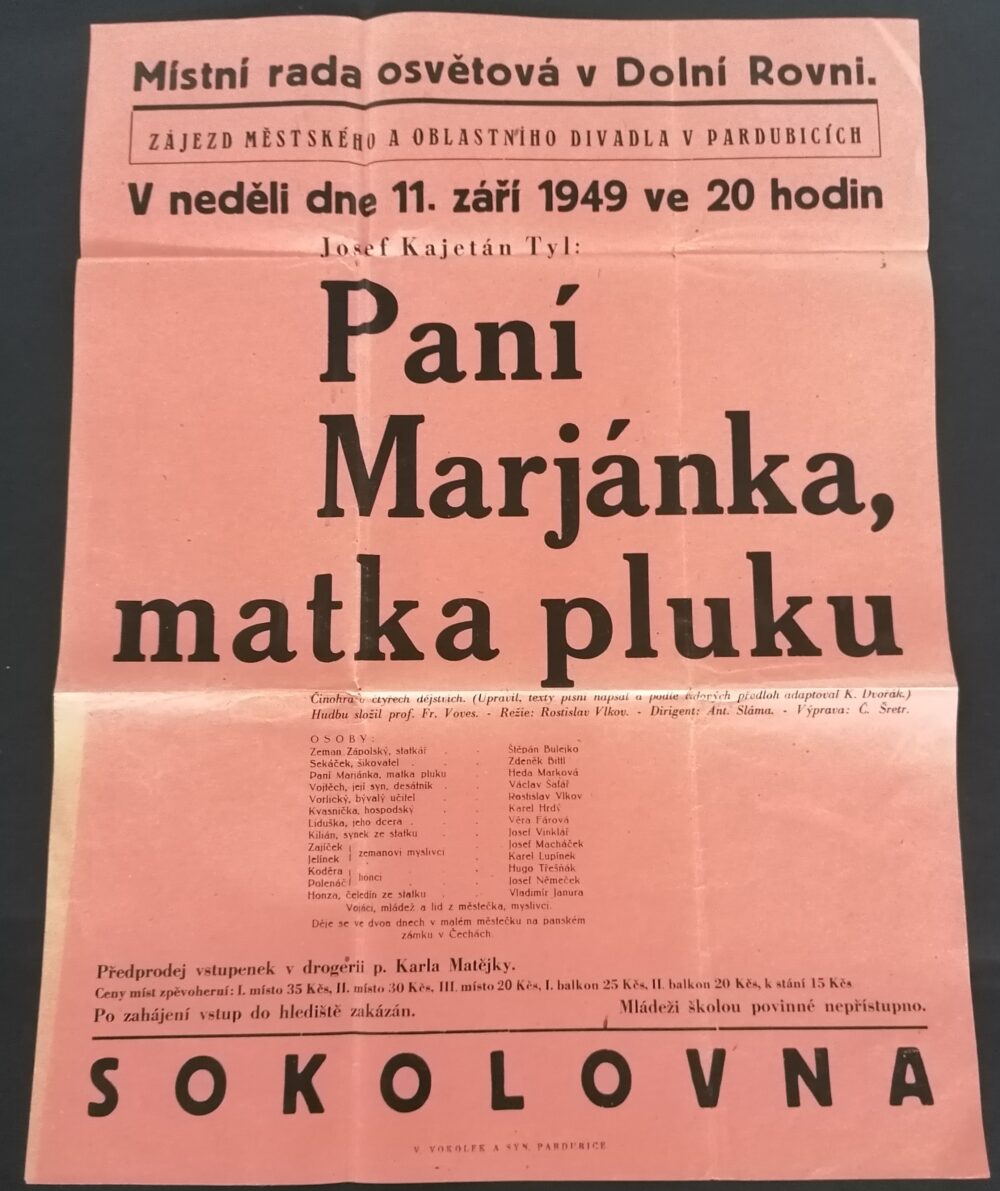 Plakát Paní Marjánka, matka pluku, činohra Dolní Roveň r.1949