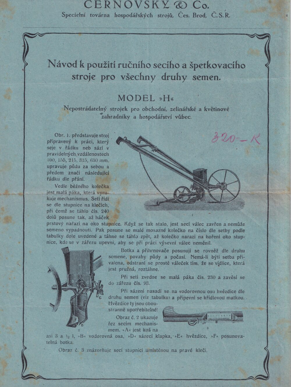 Leták Ruční secí stroj Černovský, Český Brod 1.pol.20.stol.