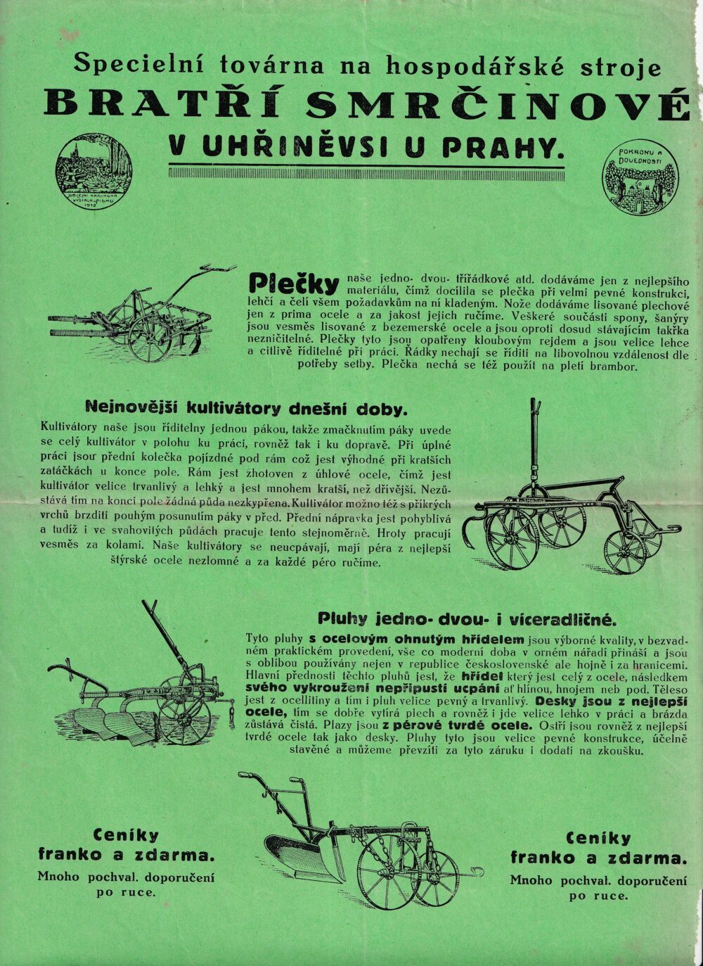 Leták Hospodářské stroje bratří Smrčinové Uhříněves 1.pol.20.st.