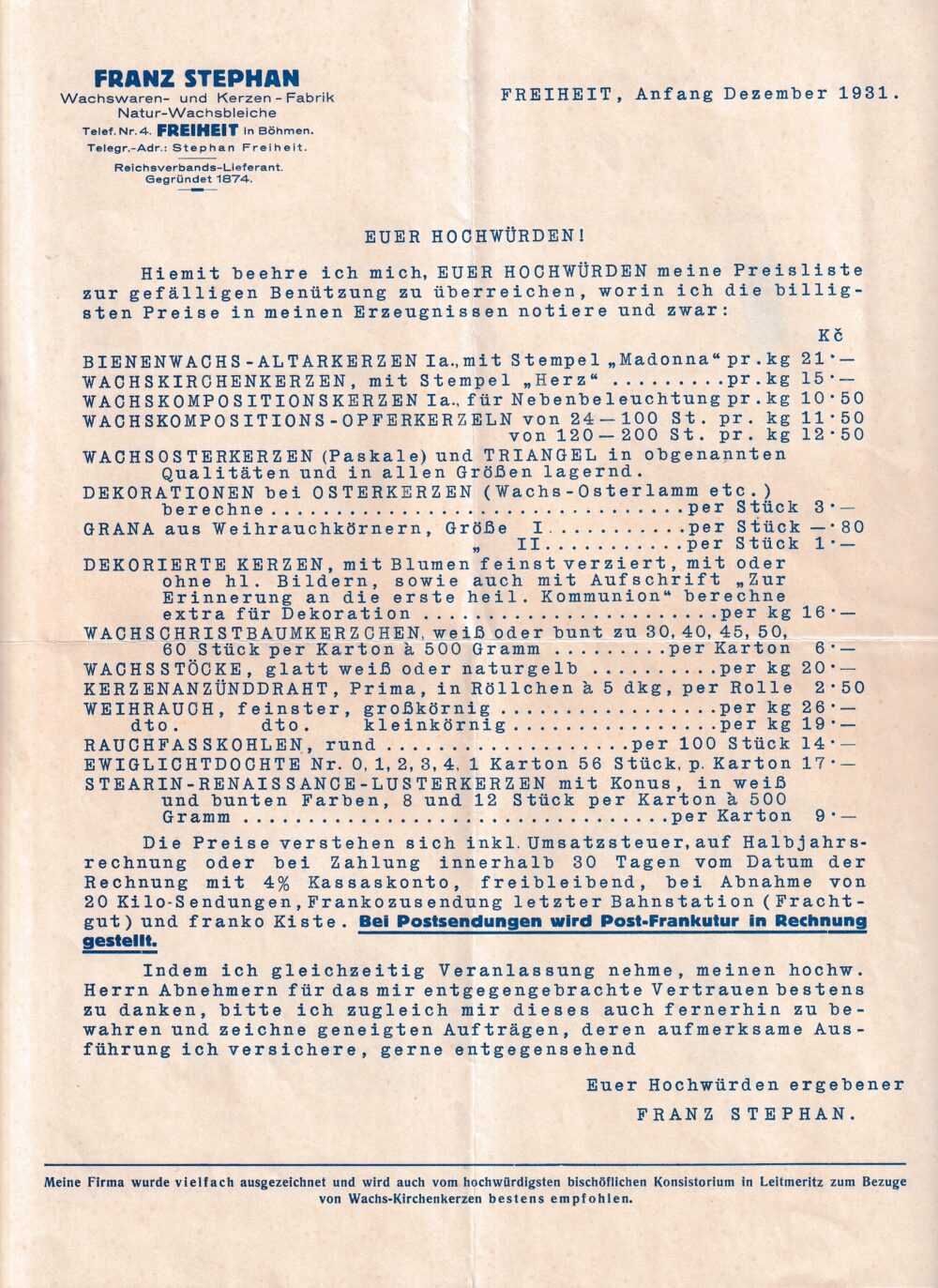 Leták Voskové zboží a svíčky, Stephan Svoboda nad Úpou 1931