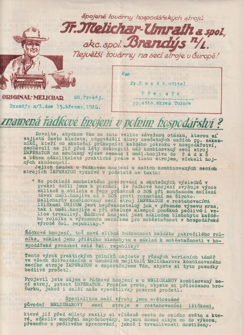 Leták Melicharův secí stroj, Melichar Umrath Brandýs n./L. r.1926