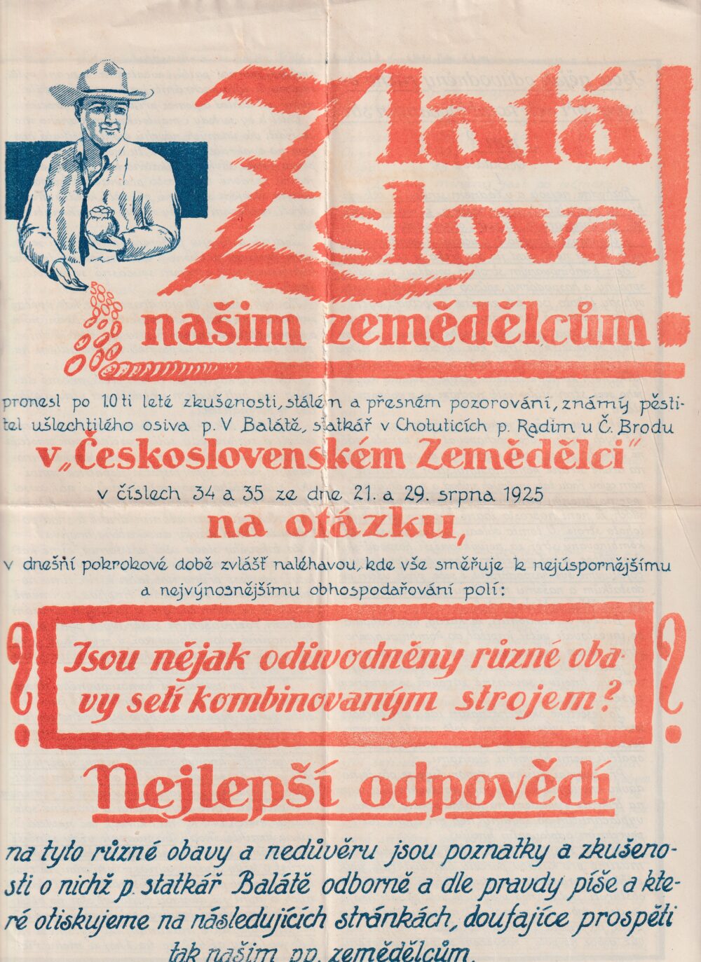 Leták Melicharovy stroje, zemědělství Brandýs n./L. r.1925