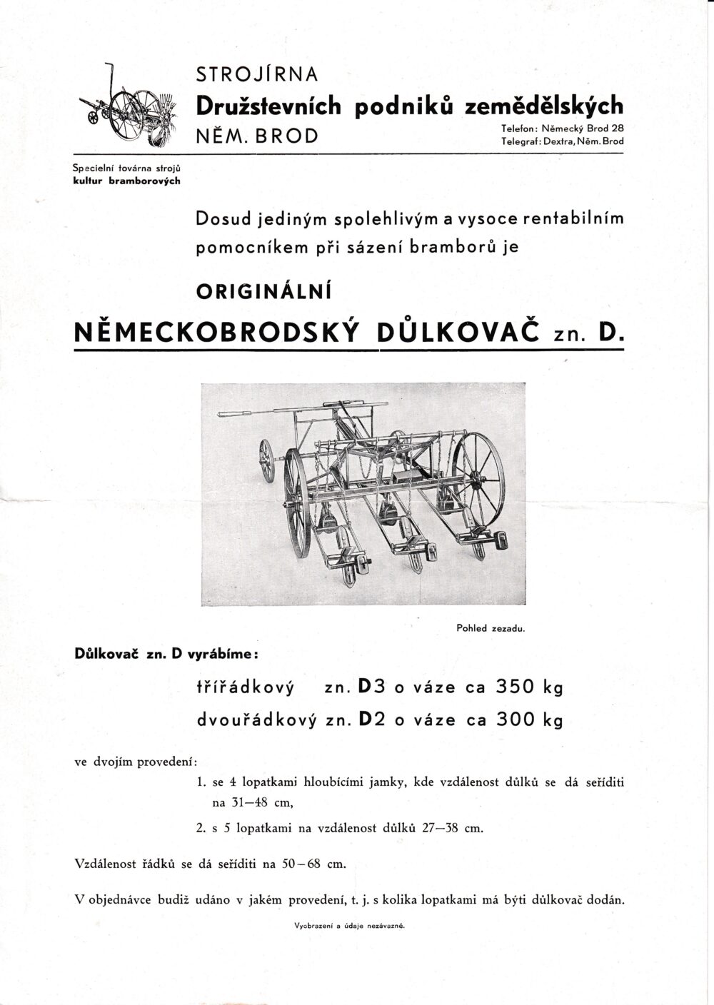 Leták Důlkovač k sázení bramborů, Něm.Brod, 1.pol.20.stol.