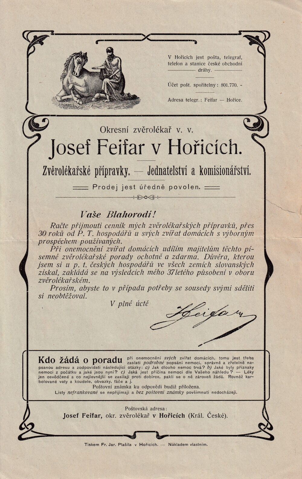 Leták Zvěrolékařské přípravky, Feifar Hořice 1.pol.20.stol.