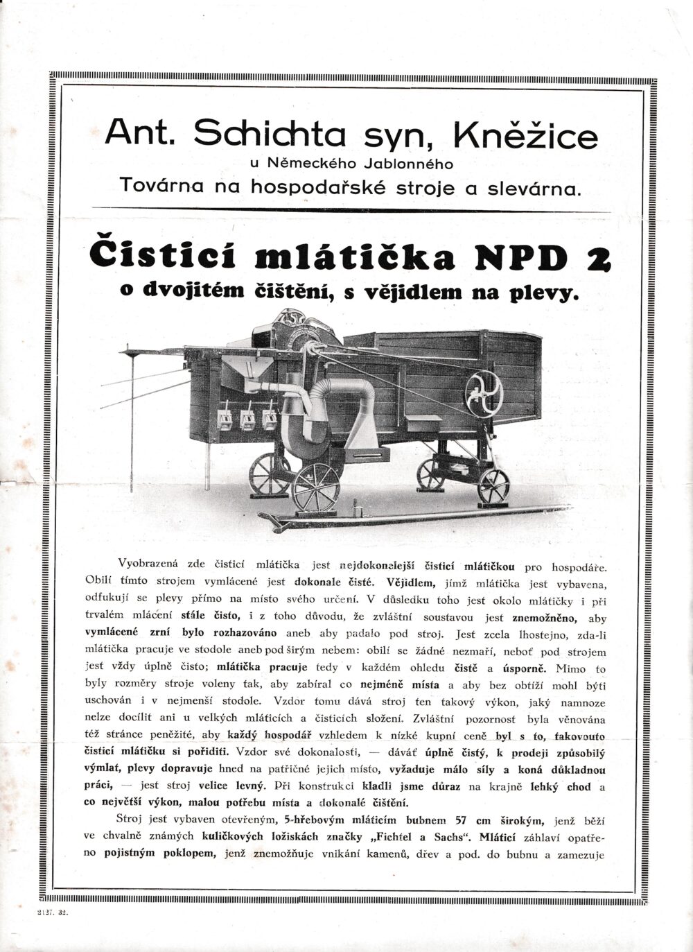 Leták Hospodářské stroje-čistící mlátička, Kněžice 1.pol.20.st