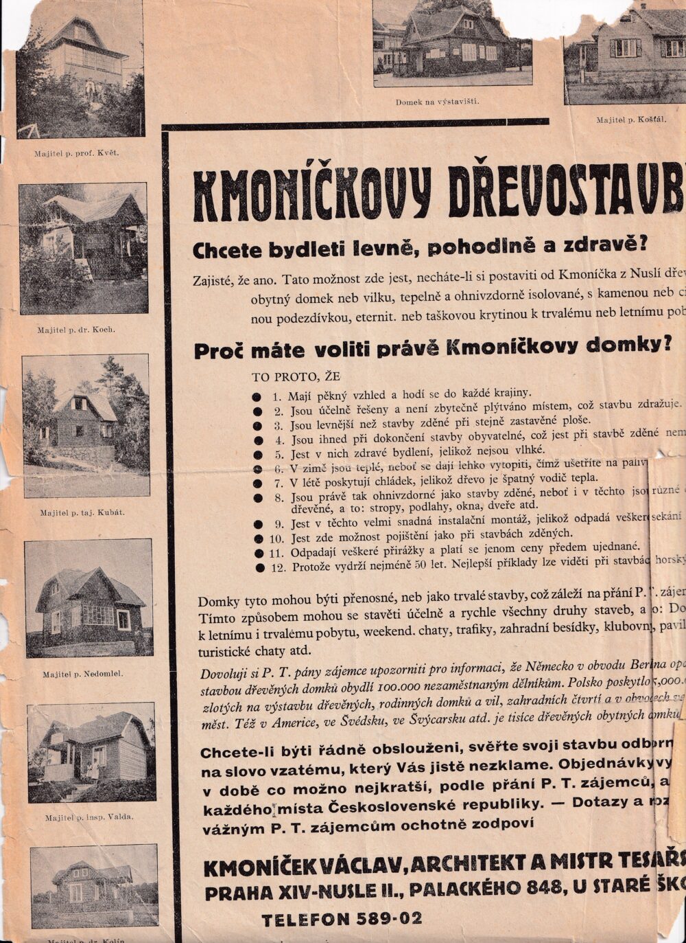 Leták Kmoníčkovy dřevostavby, ukázkové snímky 1.pol.20.stol.