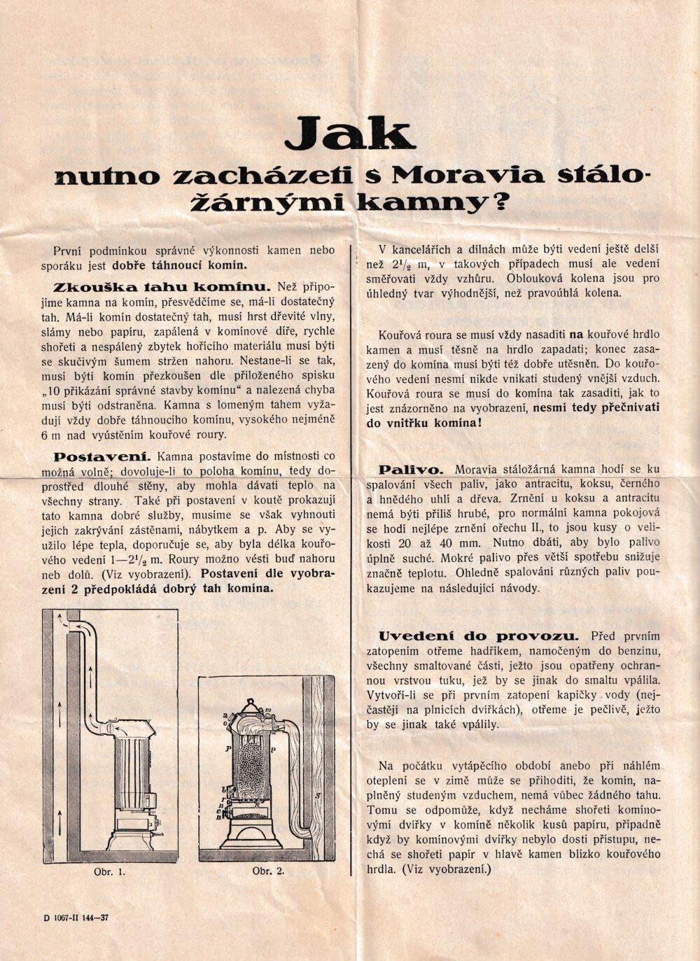 Leták Jak zacházeti s Moravia stáložárnými kamny, 1.pol.20.st.