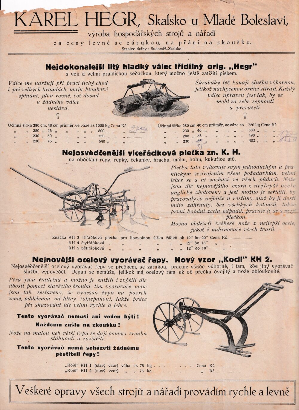 Leták Hospodářské stroje a nářadí Hegr, Skalsko 1.pol.20.st.
